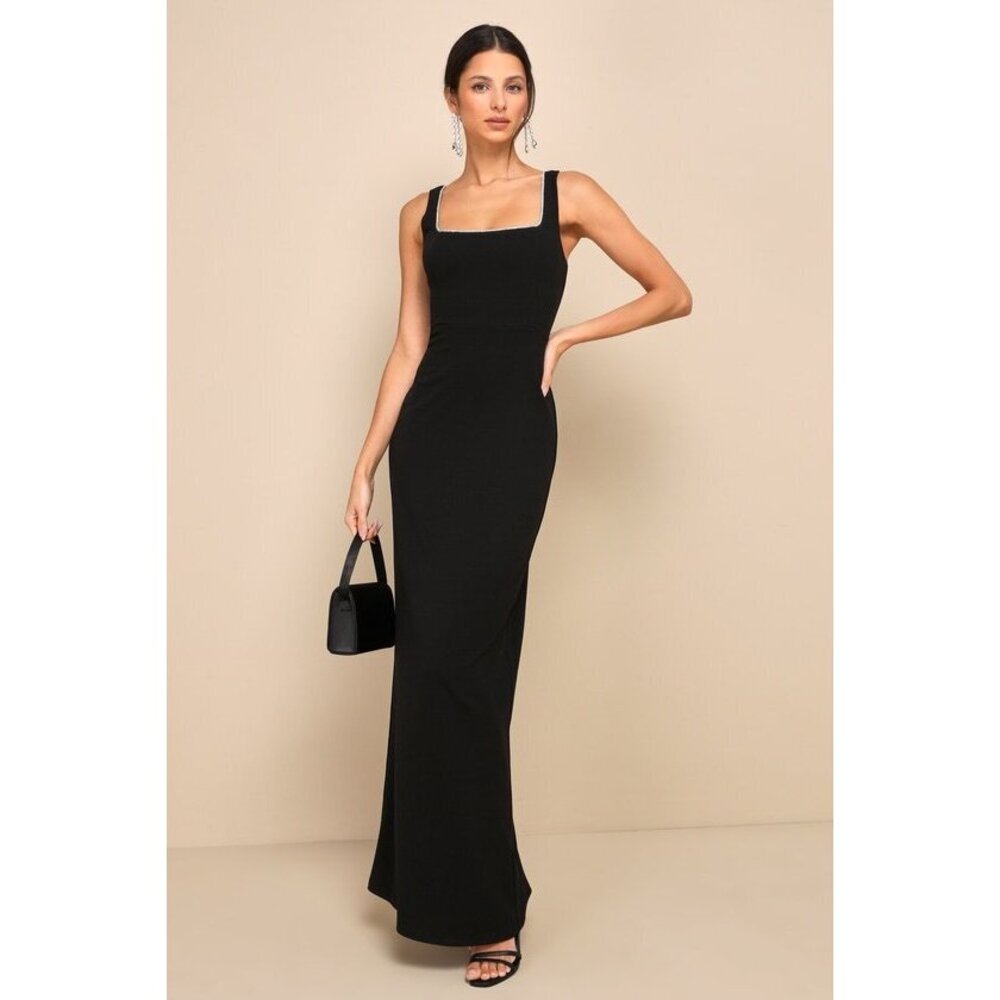 Lulus Timeless Poise Black Rhinestone Square Neck Backless Maxi Dress - Size M